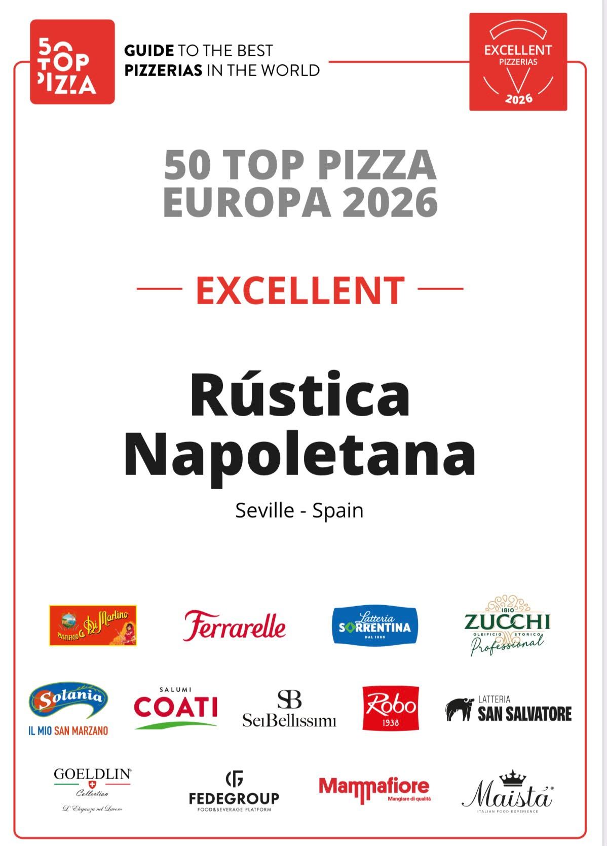 Diploma 50 Top Pizza Europa 2026 · Rústica Napoletana